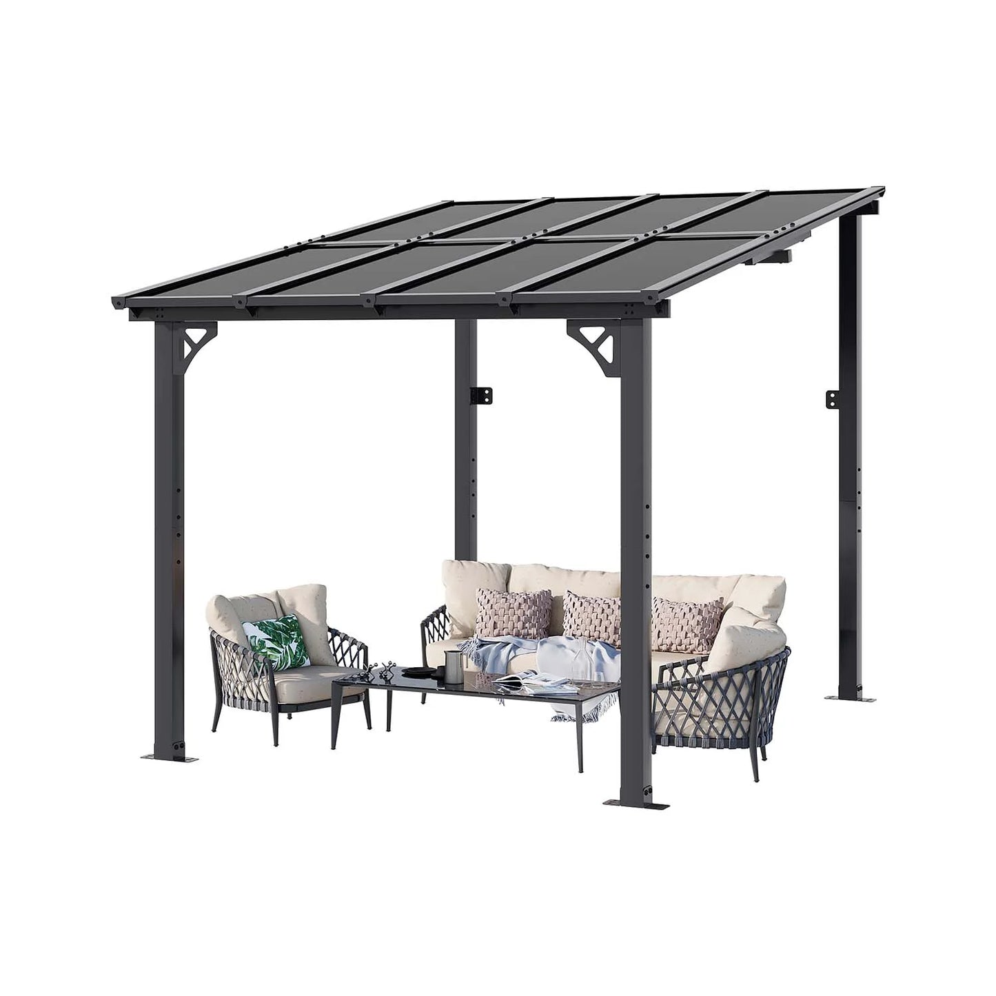 Clouddwell 8'x 10' Wall-Mounted Gazebo Pergola with Aluminum Top Frame & Polycarbonate Panel, Large Heavy-Duty Awnings for Backyard Black