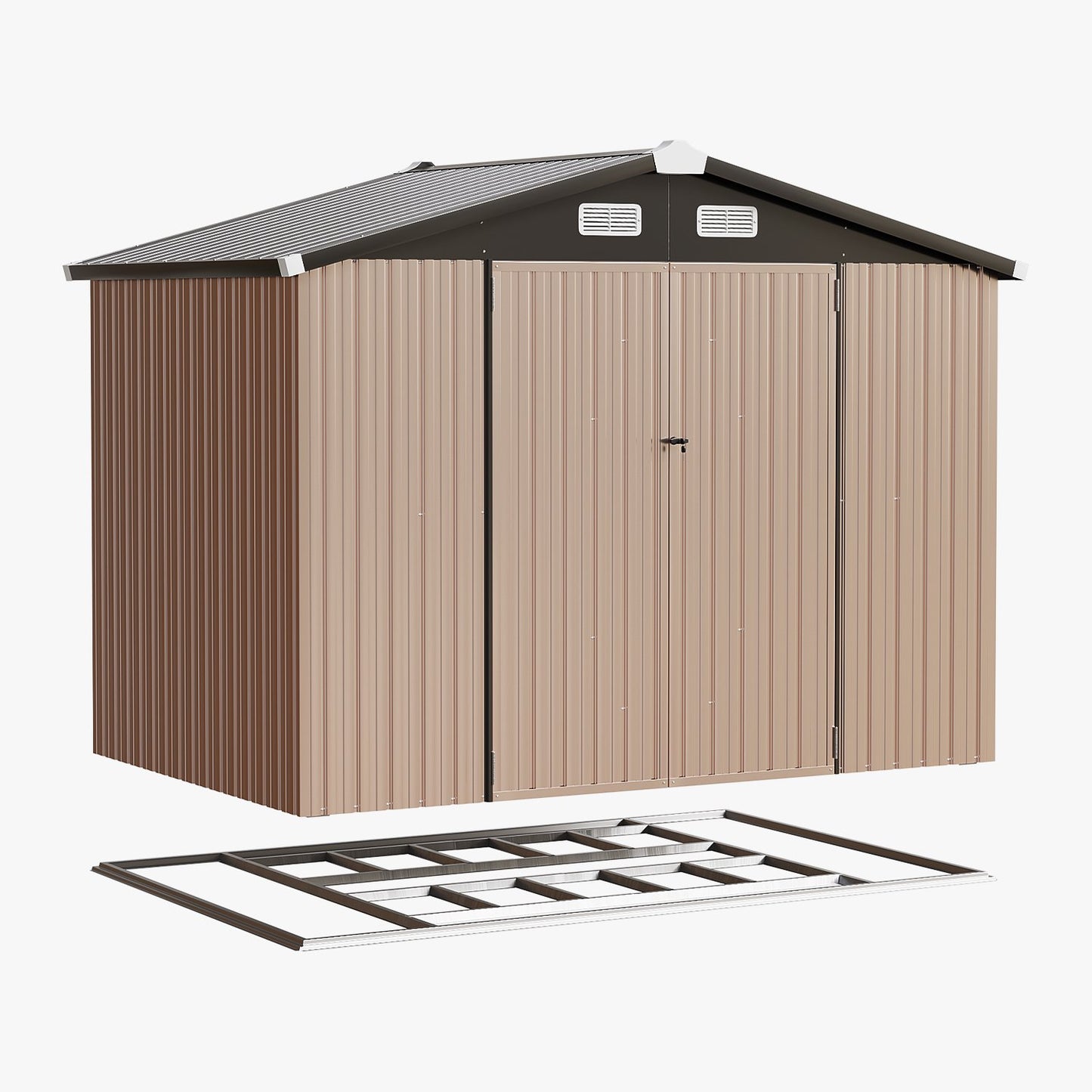 Clouddwell 8x6 ft. Outdoor Storage Shed with Base, Brown Metal Garden Shed with Double Lockable Doors for Backyard, Patio