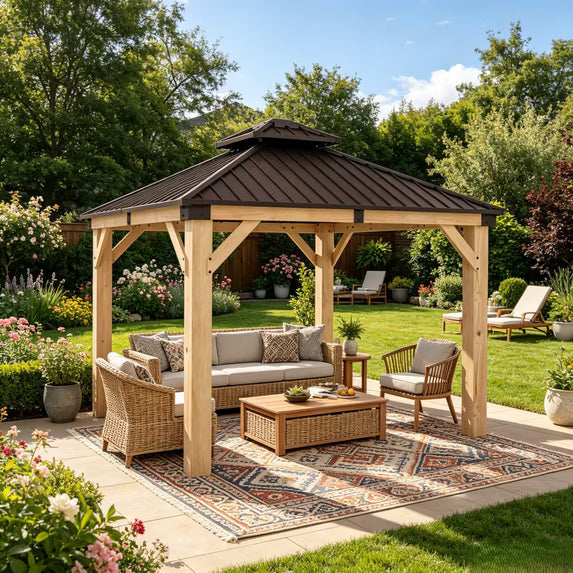 Sunmthink 10'x10' Outdoor Hardtop Gazebo, Cedar Wood Pavilion with Galvanized Steel Double Roof, for Patio, Garden, Deck