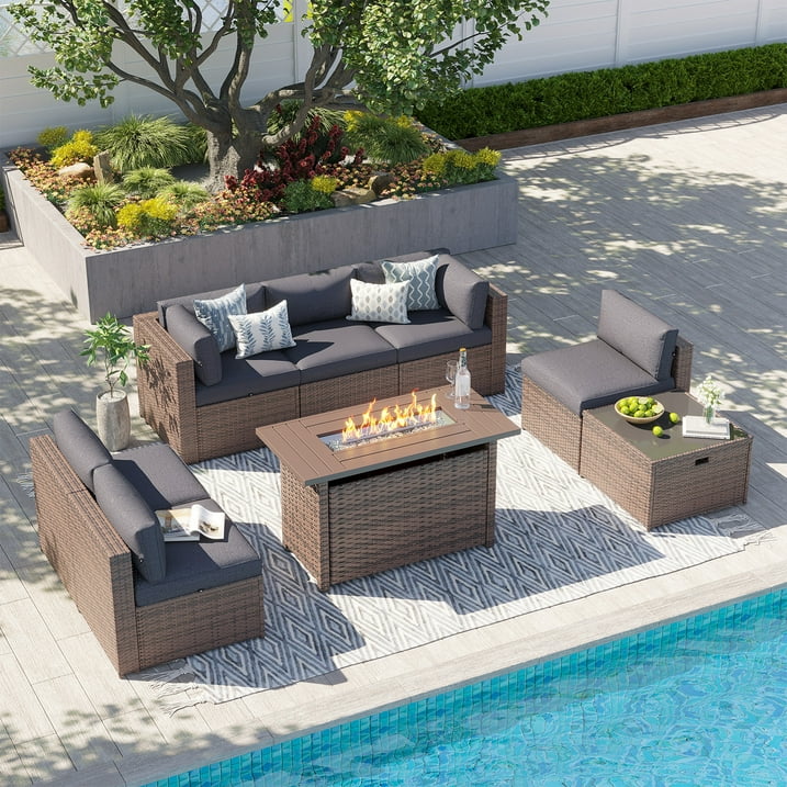 Clouddwell 8 Piece Patio Furniture Set with 44” Fire Pit Table Wicker Rattan Patio Conversation Set Outdoor Sectional Sofa Set with Coffee Table and Gray Cushions(Waterproof Cover Included)