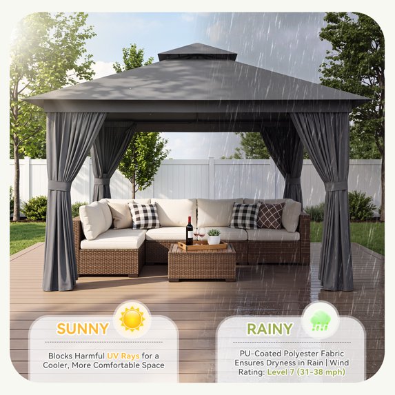 Sunmthink Outdoor Gazebo for Patio 12'x12', Metal Frame Canopy with Double Roofs, Heavy Duty Party Tent and Shelter with Mosquito Netting and Privacy Screen for Backyard,Garden,Deck (Gray)