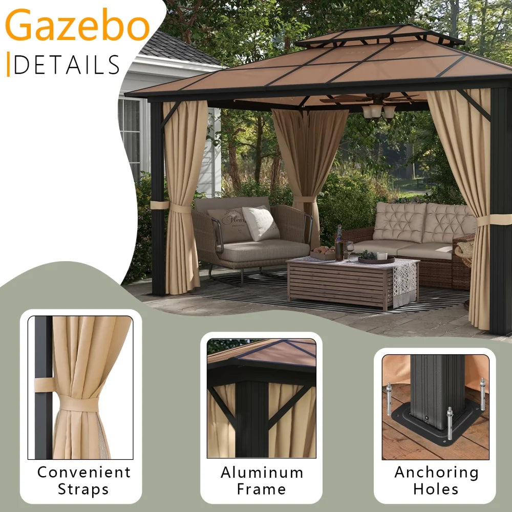 Clouddwell 10x13 ft Patio Hardtop Gazebo, Aluminum Furniture Gazebo with Netting and Curtains for Garden, Brown