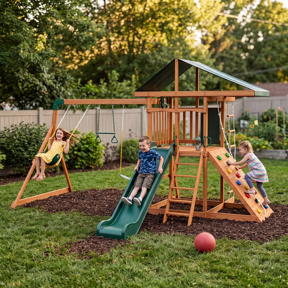 Clouddwell Wooden Backyard Swing Set, Outdoor Playset for Children Wave Slide, Double Rock Wall, Rope Ladder, Web Swing, Belt Swings, Toy Telescope, Steering Wheel