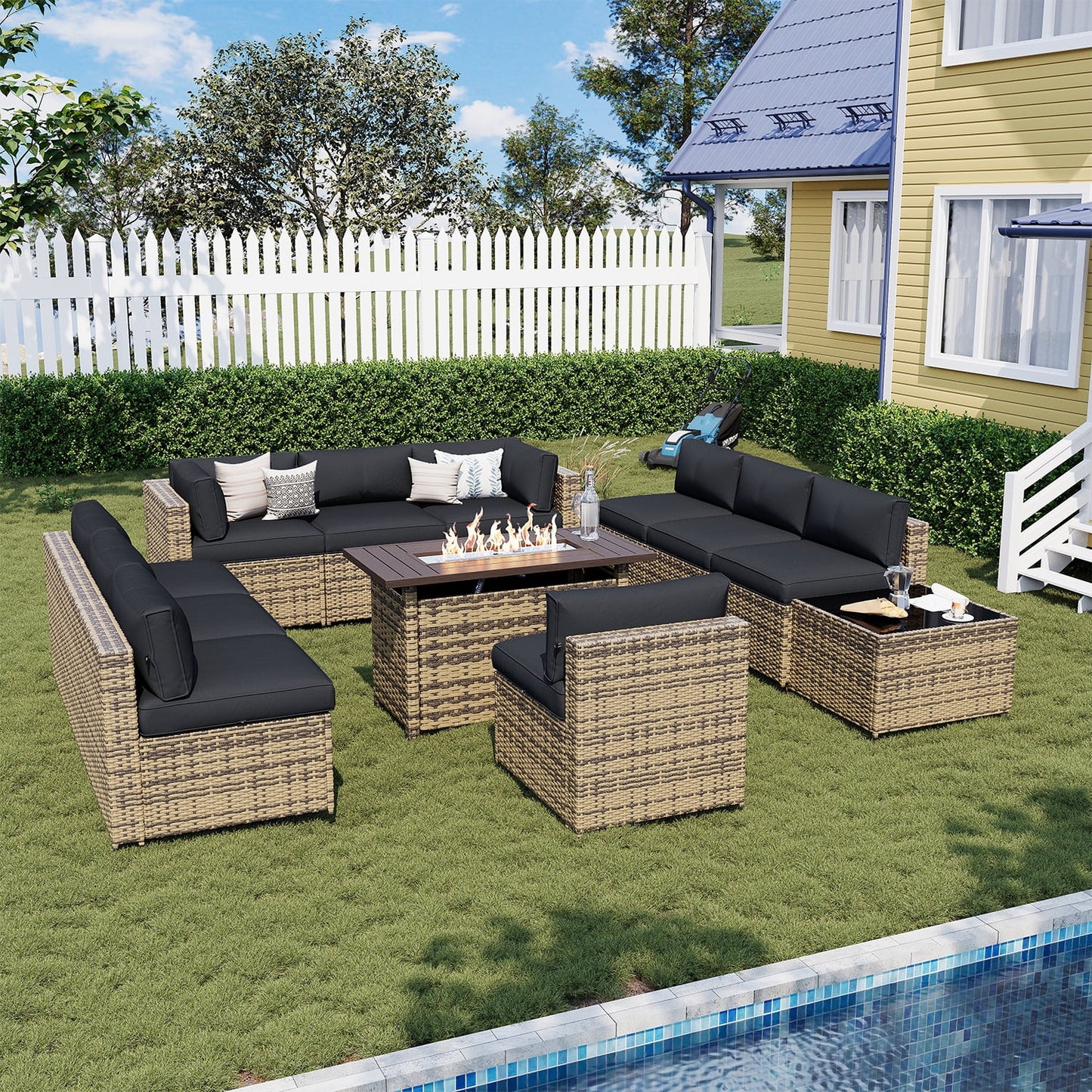 Sunmthink Patio Furniture Sets, 12-Piece Outdoor Patio Furniture with 44'' Propane Gas Firepit Table, Wicker Outdoor Conversation Set and Waterproof Cover for Backyard, Poolside, Garden