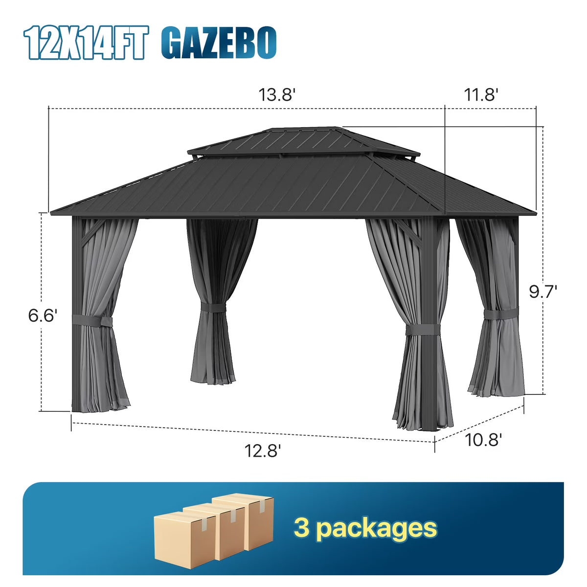 Sunmthink 12' x 14' Hardtop Gazebo with Mosquite Netting, Double Metal Roof for Lawn and Garden, Gray