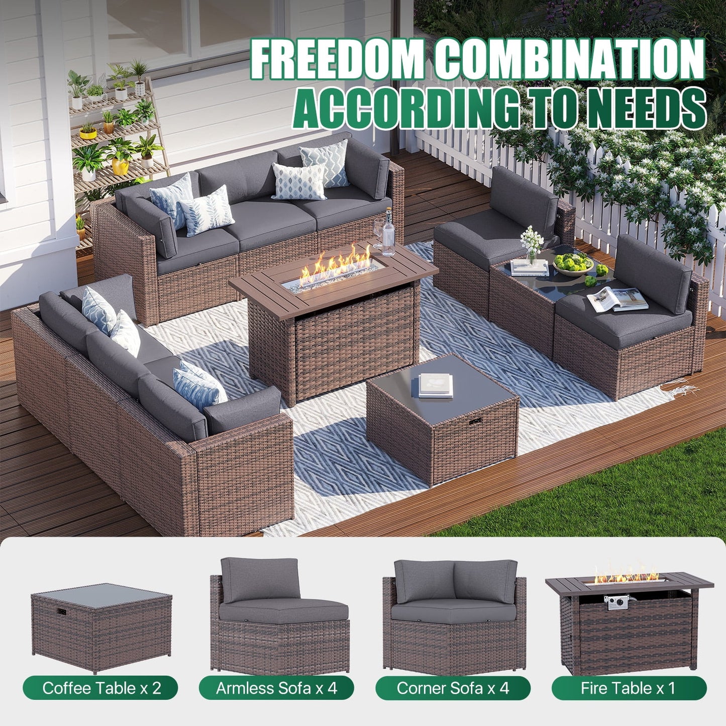 Clouddwell 12 Piece Patio Furniture Set with 44” Fire Pit Table Wicker Rattan Patio Conversation Set Outdoor Sectional Sofa Set with Coffee Table and Gray Cushions(Waterproof Cover Included)