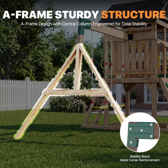 Clouddwell Wood Swing Set with Wave Slide, Play Deck, Rock Wall Ladder, Belt Swings, Chalkboard, Canopy Roof, Outdoor Playset