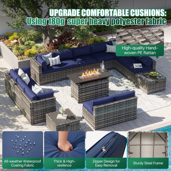 Clouddwell 15 Piece Patio Furniture Set with 44” Fire Pit Table Wicker Rattan Patio Conversation Set Outdoor Sectional Sofa Set with Coffee Table and Blue Cushions(Waterproof Cover Included)