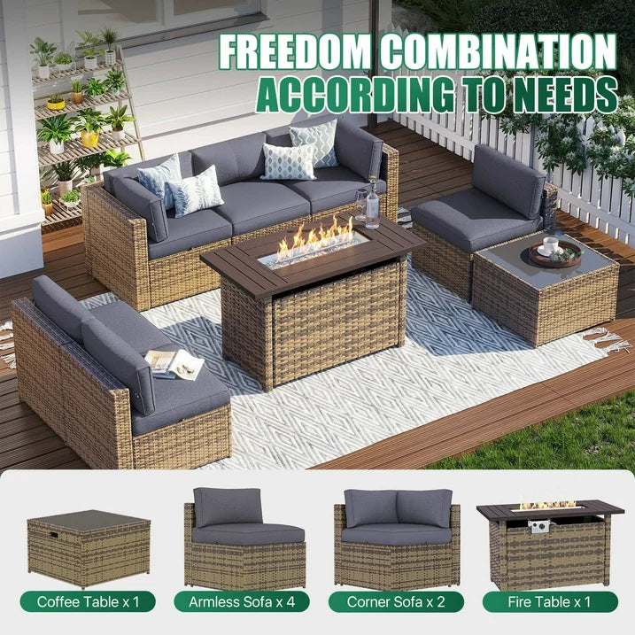 Clouddwell 8 Piece Patio Furniture Set with 44” Fire Pit Table Wicker Rattan Patio Conversation Set Outdoor Sectional Sofa Set with Coffee Table and Gray Cushions(Waterproof Cover Included)