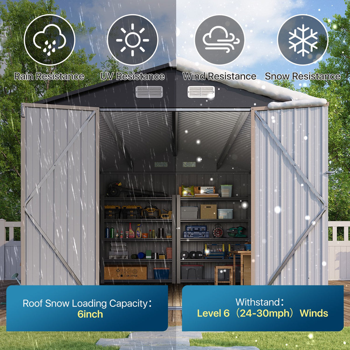 Clouddwell 8 x 12FT Shed Outdoor Storage Shed with Double Hinged Large Door, Large Metal Shed with Lockable Door & Sloped Roof for Garden, Backyard, Patio and Backyard, Brown