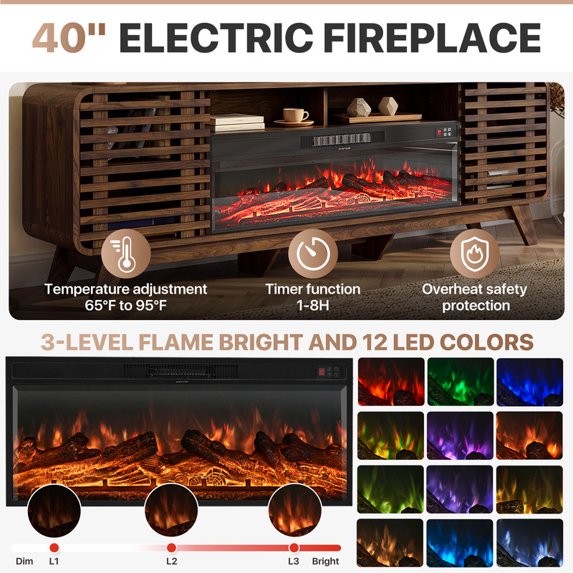 Sonegra Fireplace TV Stand with 40" Electric Fireplace, Mid Century Modern Entertainment Center with Led Lights for 90" TVs , Wood Media Console with Slatted Sliding Doors for Living Room, Brown