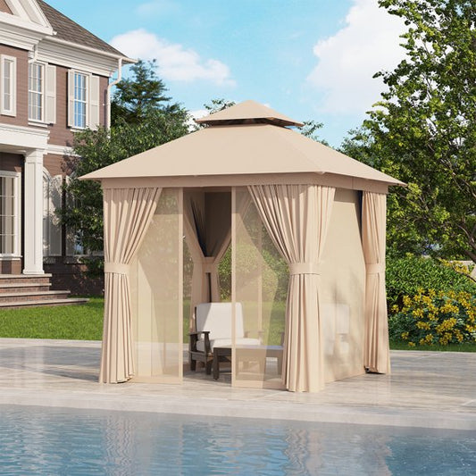 Clouddwell 8'x 8' Patio Gazebo Double Roof Protection All-Weather Outdoor Shelter Features Insect Screens & Privacy Curtains Ideal for Backyard, Lawn, (Beige)