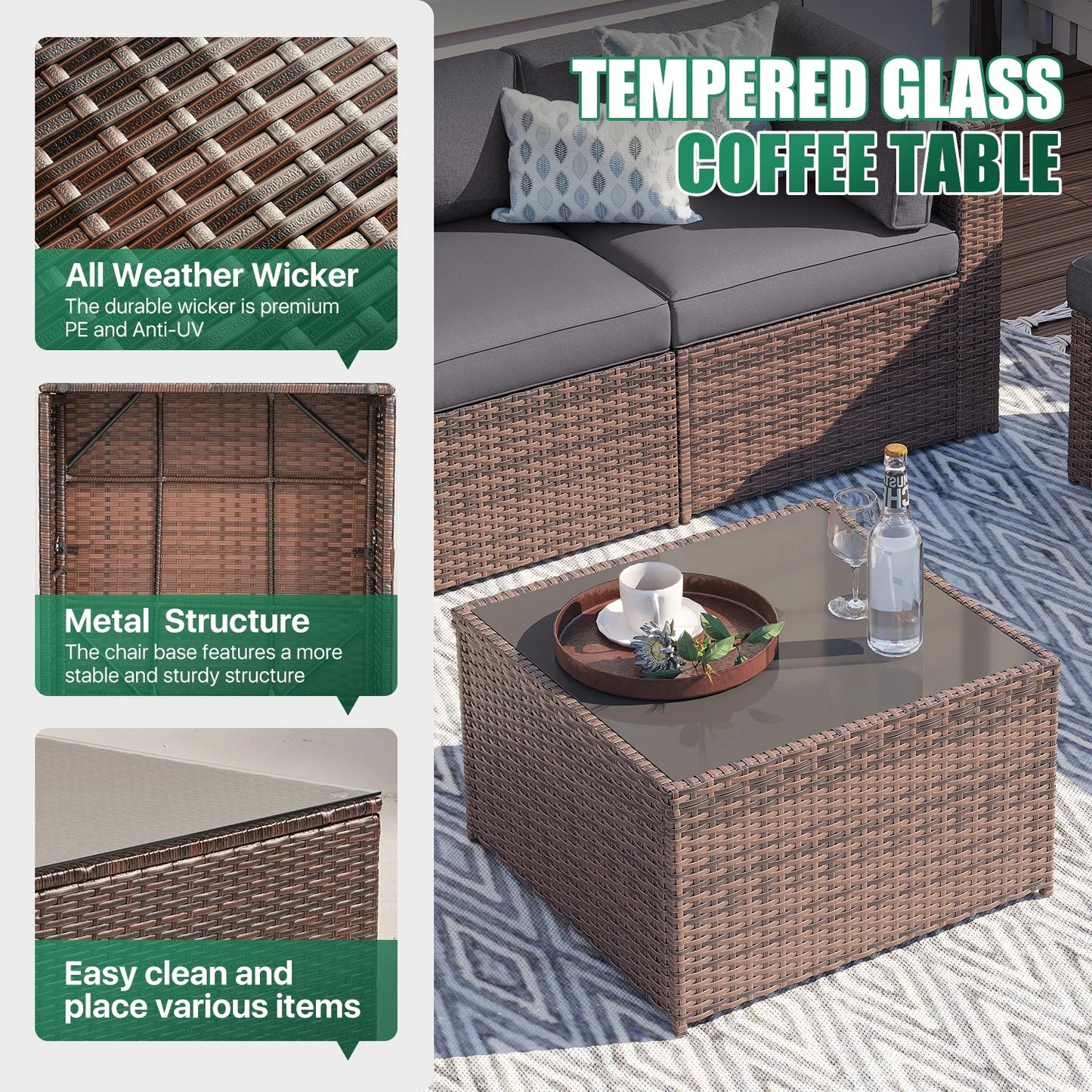 Clouddwell 11 Piece Patio Furniture Set Wicker Rattan Patio Conversation Set Outdoor Sectional Sofa Set with Coffee Table and Gray Cushions(Waterproof Cover Included)