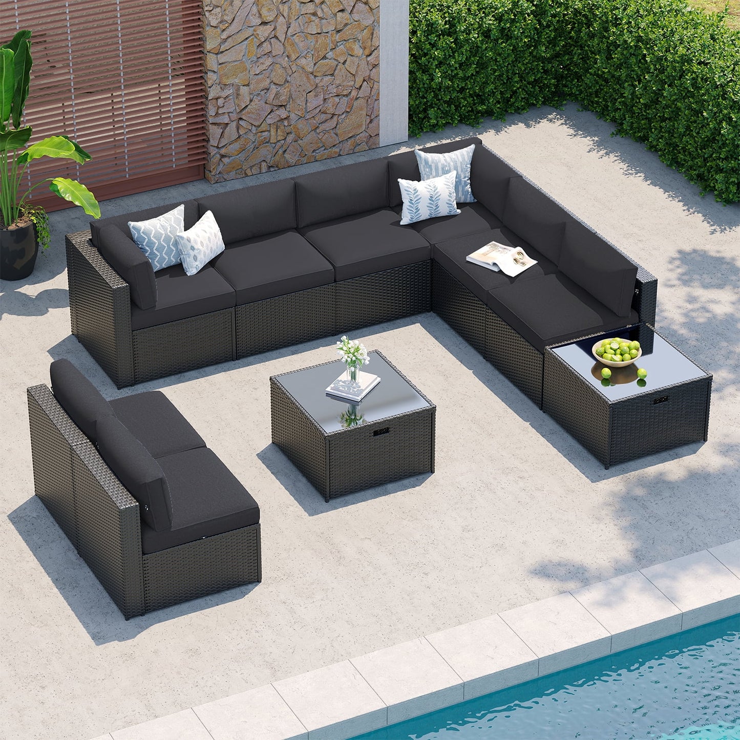 Clouddwell 10-Piece Patio Furniture Set on Sale, Black Rattan Wicker Outdoor Sectional Sofa Couch with Table Patio Conversation Set for Lawn& Backyard,Black