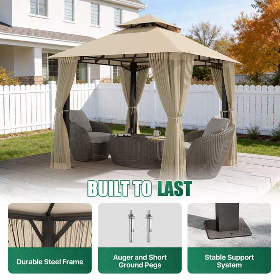 LazySunsets 8'x 8' Patio Gazebo Double Roof Protection All-Weather Outdoor Shelter Features Insect Screens for Backyard, Lawn, (Beige)