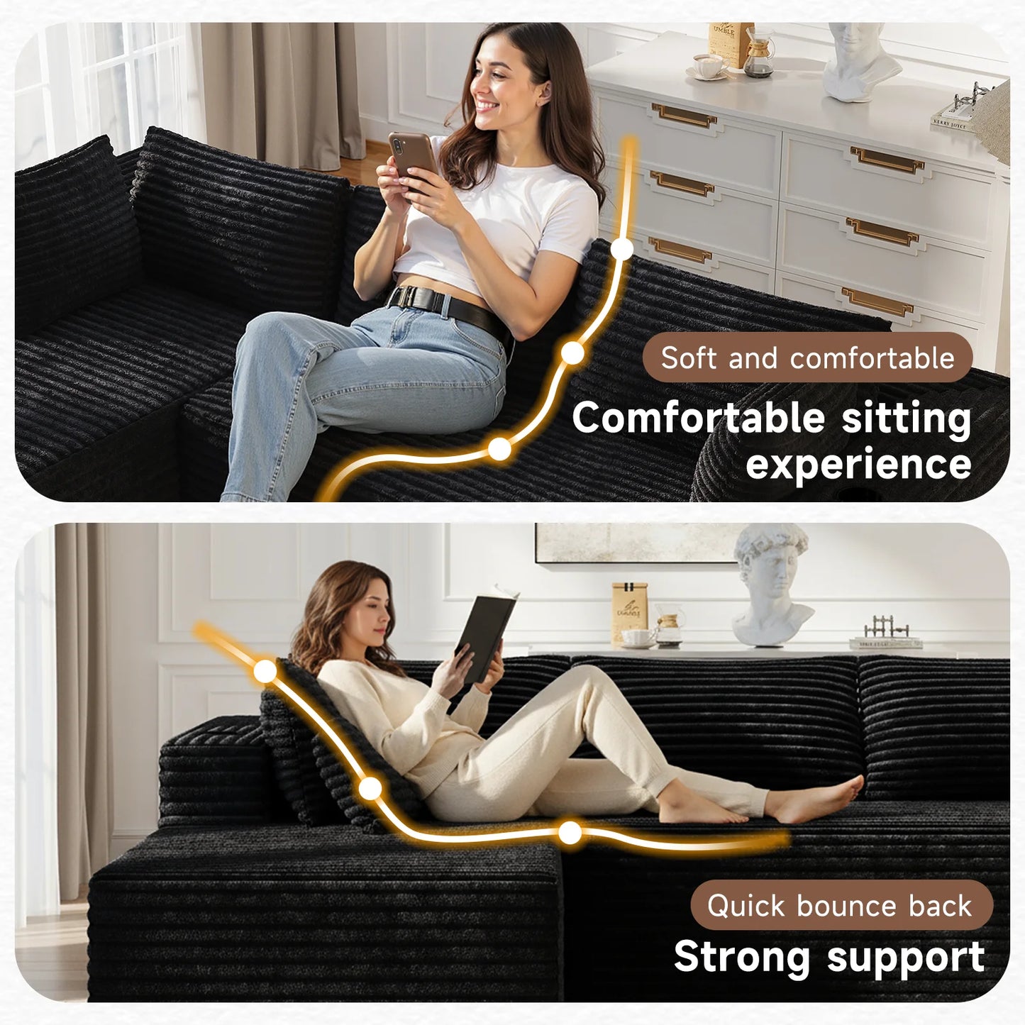 Sunmthink Cloud Couch Corduroy Modular Sectional Sofa L-Shape Boneless Couch with Wide Armrests and Cup Holders for Living Room Bedroom, No Assembly Required (Black)