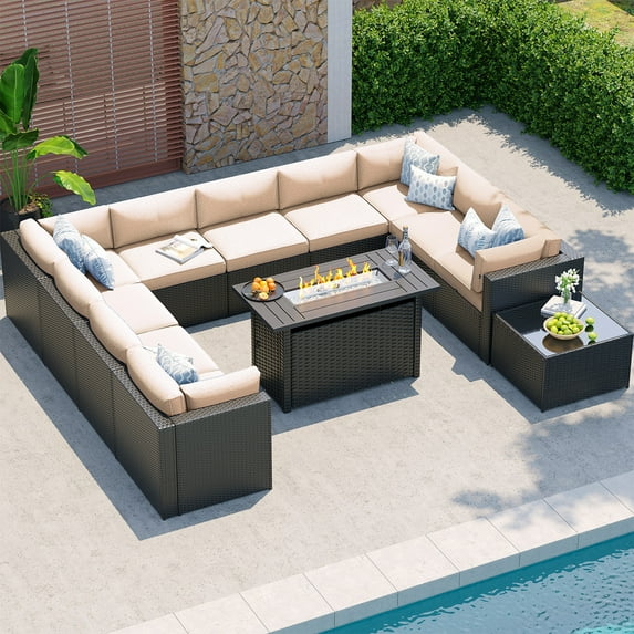 Clouddwell 12-Piece Patio Furniture Set With Fire Table On Sale, Black Rattan Wicker Outdoor Sectional Sofa Couch with Table Patio Conversation Set for Lawn& Backyard,Black