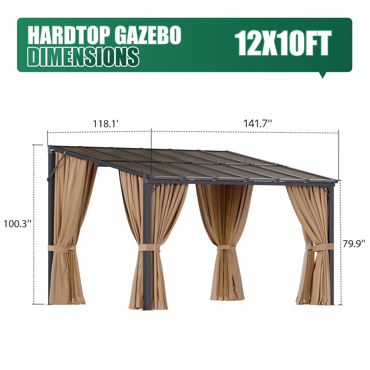 LazySunsets 10x12 FT Wall-Mounted Aluminum Gazebo Polycarbonate Roof with Full Mosquito Netting & Privacy Curtains