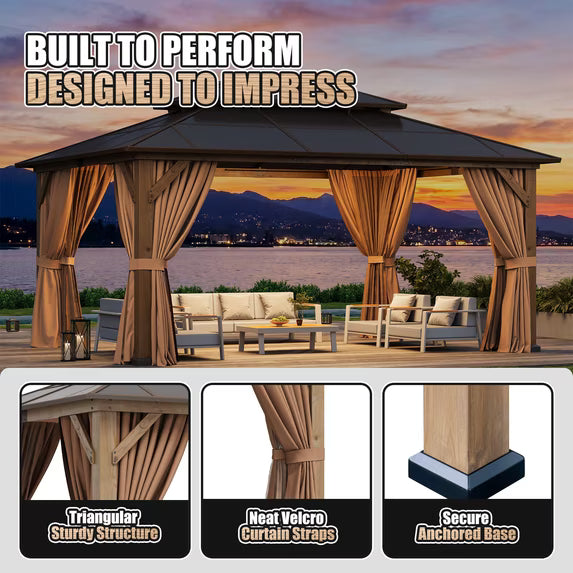 Clouddwell 12' x 16' Cedar Wood Hardtop Gazebo, Polycarbonate Double Roof, Outdoor Patio Gazebo for Backyard, Deck, Lawn & Garden
