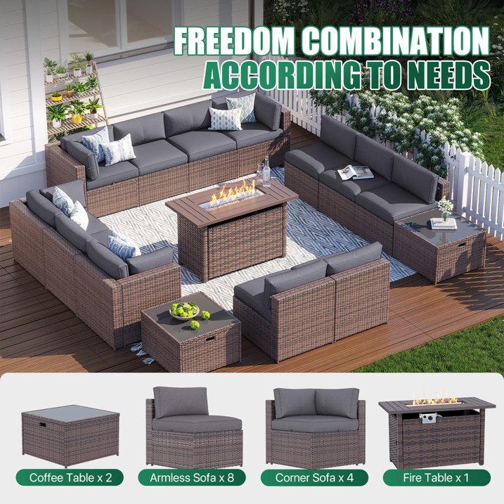 Clouddwell 15 Piece Patio Furniture Set with 44” Fire Pit Table Wicker Rattan Patio Conversation Set Outdoor Sectional Sofa Set with Coffee Table and Gray Cushions(Waterproof Cover Included)