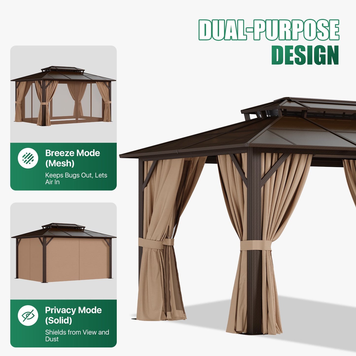 Clouddwell 10'x14' Hardtop Gazebo - Polycarbonate Double Roof with Netting & Curtains for Patio, Garden Sun Protection,Brown