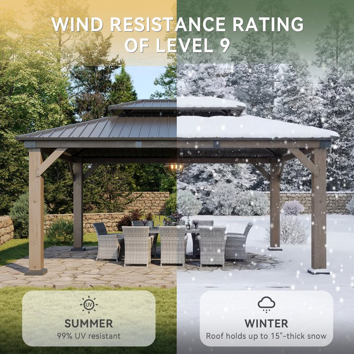 Aoxun 12' x 16' Outdoor Wood Gazebo, Hardtop Gazebo Permanent Wooden Pavilion with Galvanized Steel Double Roof, for Patio, Garden, Backyard, Cedar Wood