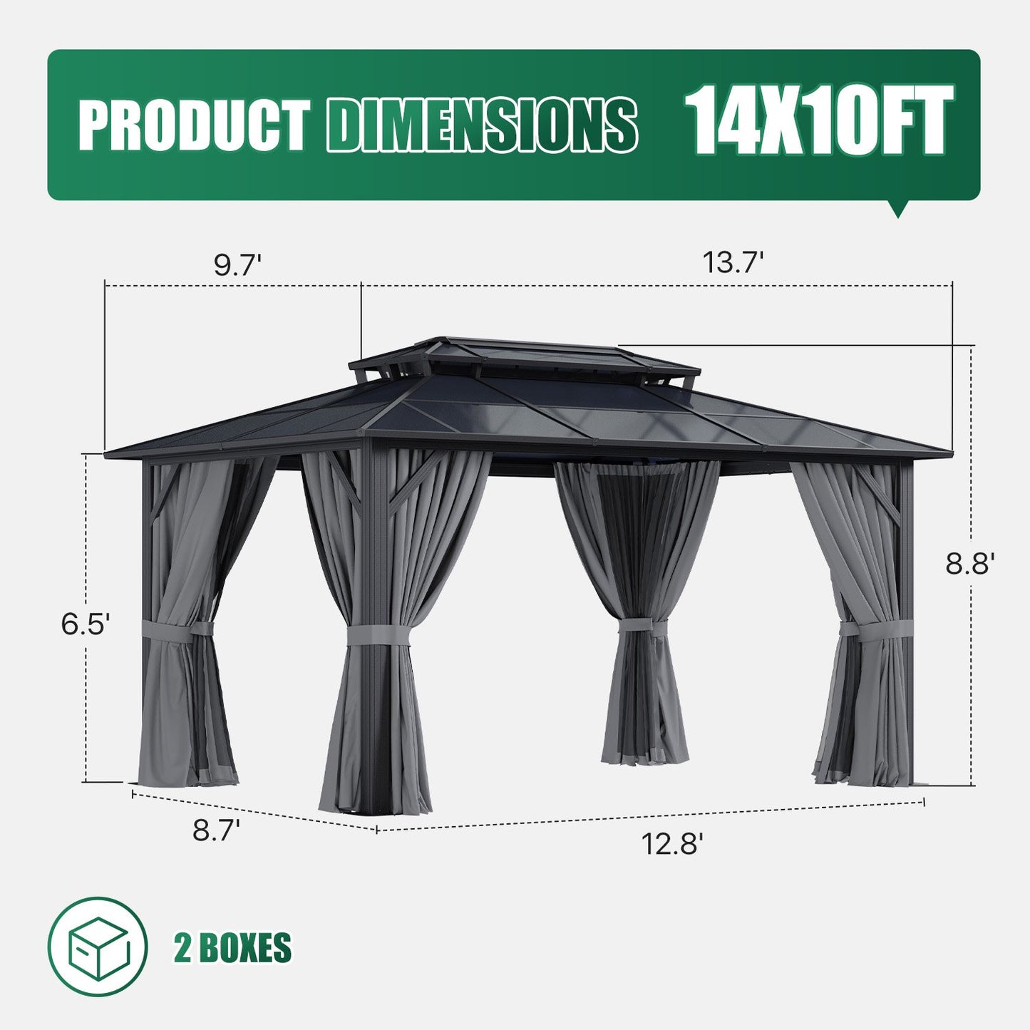 Clouddwell 10'x14' Hardtop Gazebo - Polycarbonate Double Roof with Netting & Curtains for Patio, Garden Sun Protection,Gray