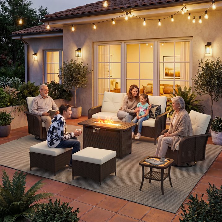 Sunmthink 7-Piece Patio Furniture Set, High Back Swivel Rocker Chairs with Thick Cushions, Wicker Rattan Outdoor Sectional Sofa with Fire Pit & Ottoman, Beige