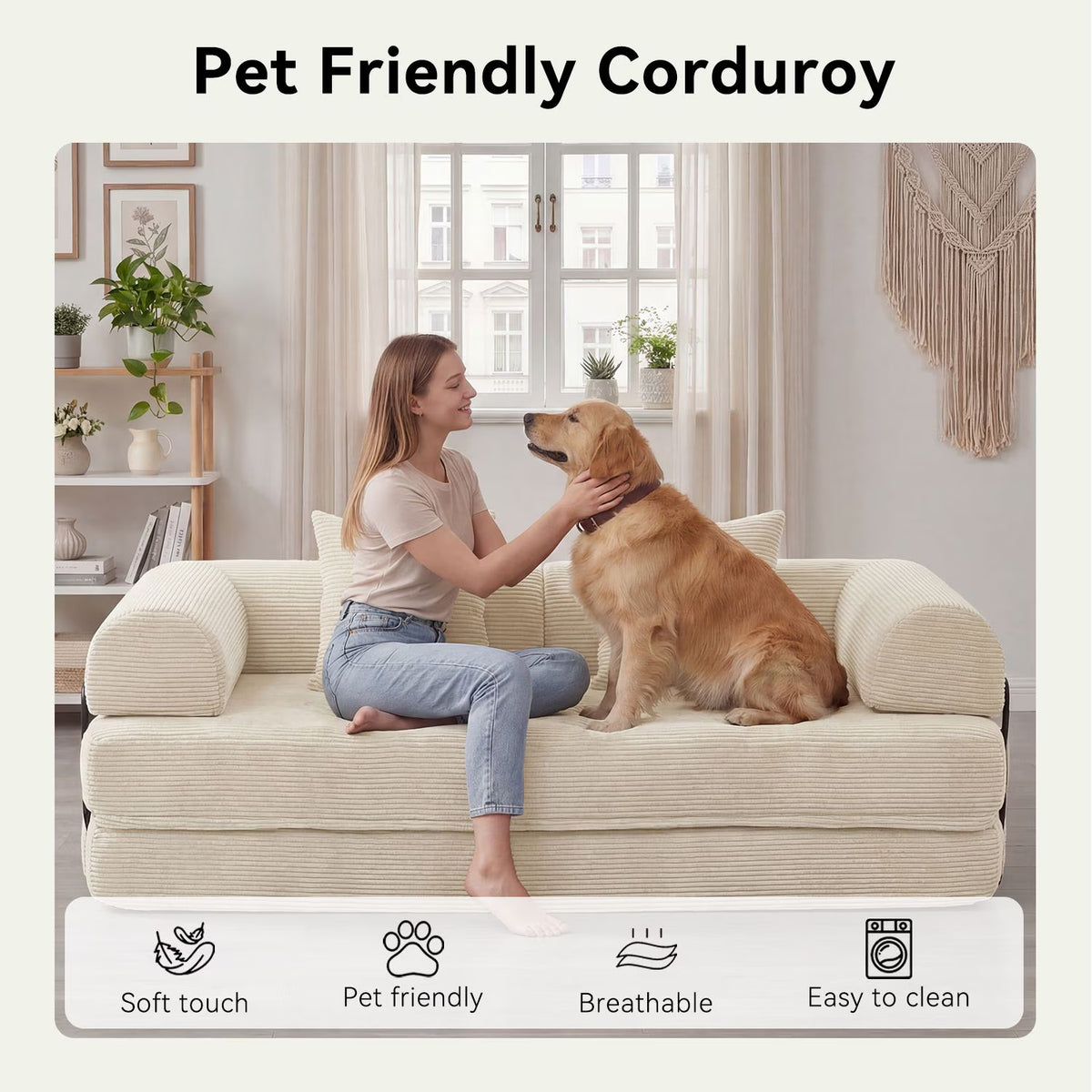 LazySunsets Sofa Bed Convertible Boneless Couch Corduroy Modular Couch Bed with Fixed-Shape Frame & Removable Armrests for Living Room, Bedroom White