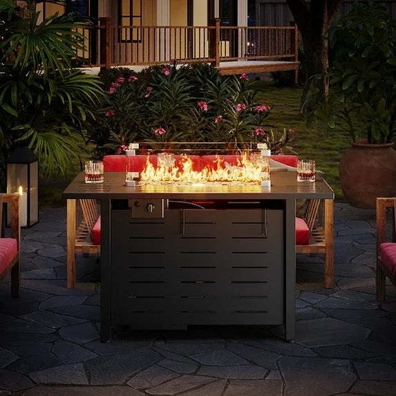 Sunmthink 44" Propane Fire Pit Table, 60,000 BTU Auto Ignition Steel Gas Fire Pit with Removable Lid & Waterproof Cover for Patio, Backyard, Black