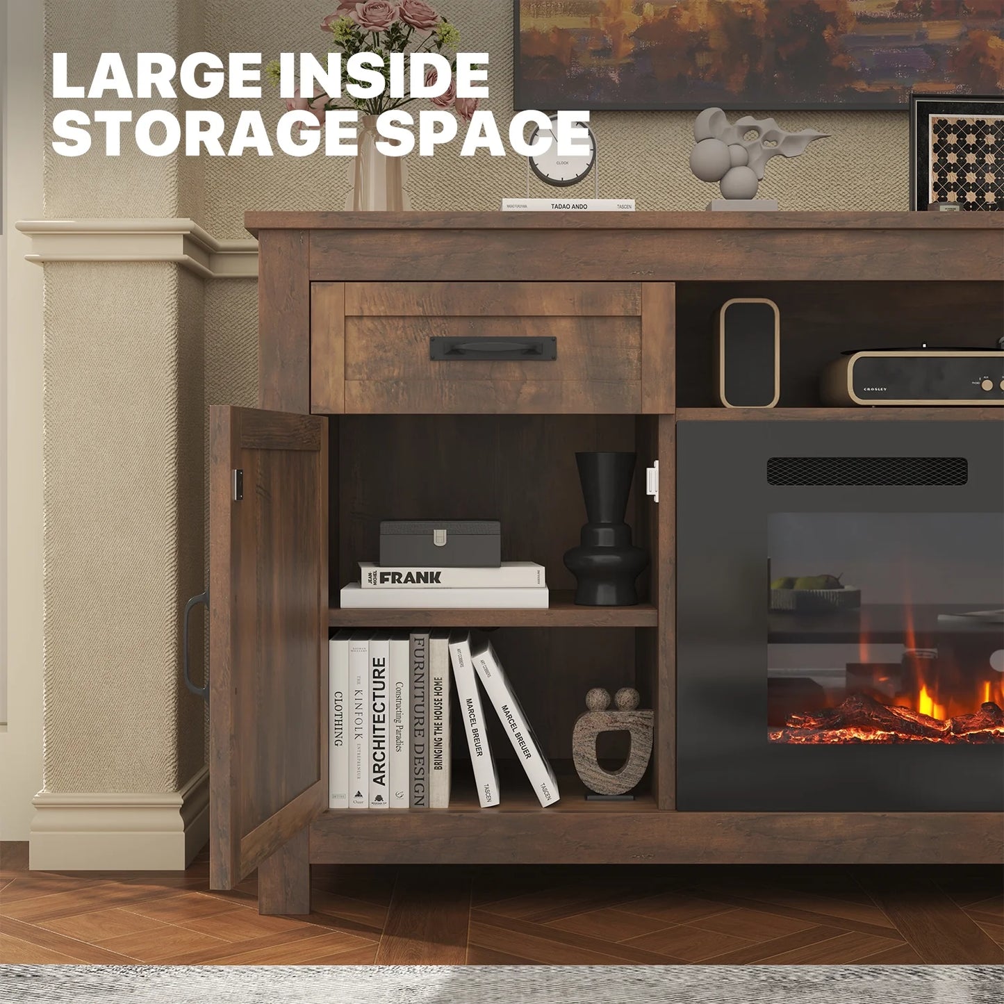 Sonegra Fireplace TV Stand with Barn Door for TVs up to 80", Farmhouse 70" Fireplace Entertainment Center, TV Console with Storage Cabinets for Living Room, Brown