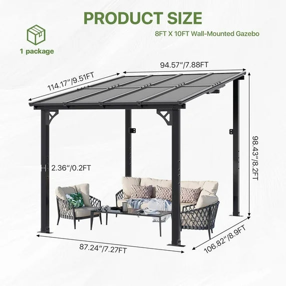 Clouddwell 8'x 10' Wall-Mounted Gazebo Pergola with Aluminum Top Frame & Polycarbonate Panel, Large Heavy-Duty Awnings for Backyard Gray