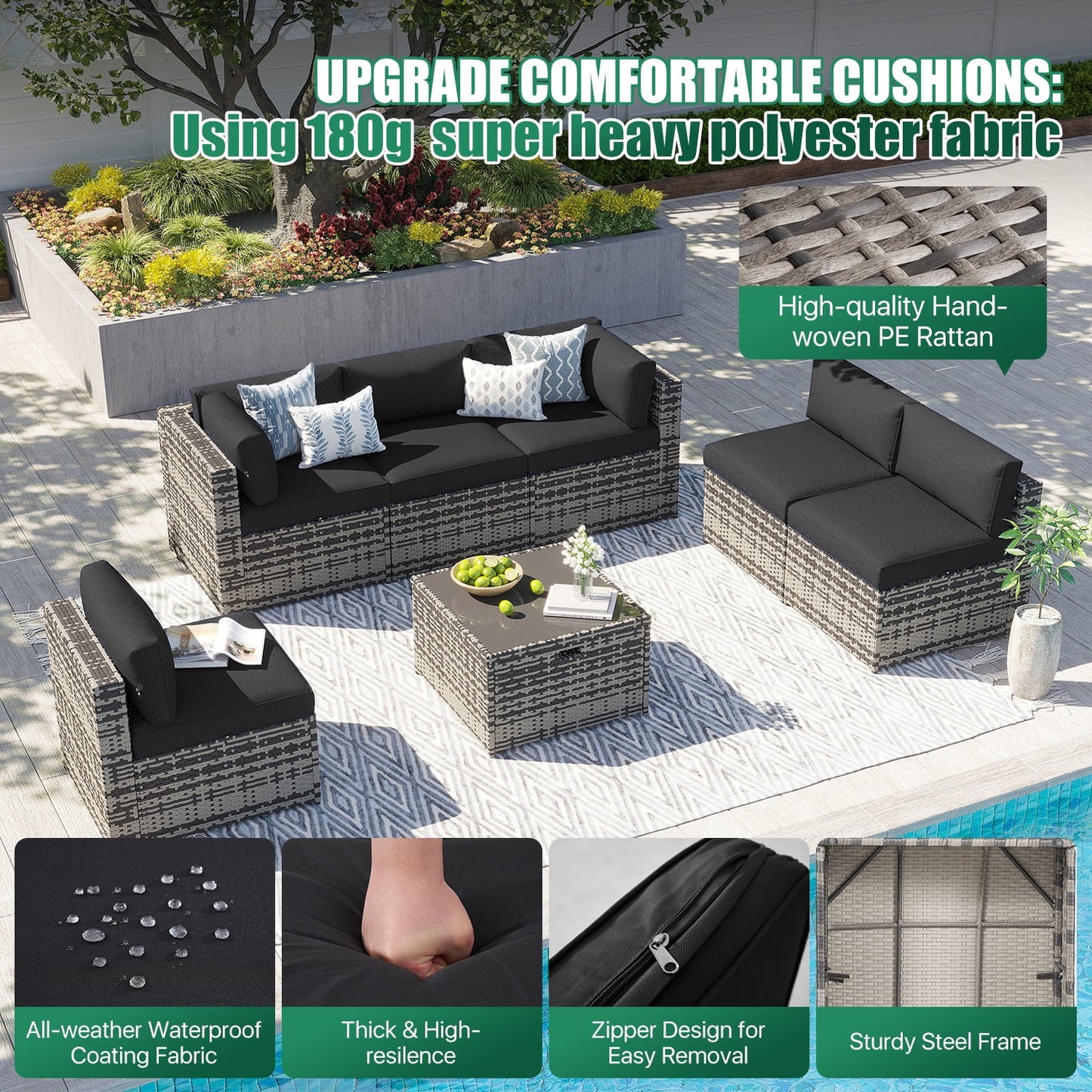 Clouddwell 7 Piece Patio Furniture Set Wicker Rattan Patio Conversation Set Outdoor Sectional Sofa Set with Coffee Table and Black Cushions(Waterproof Cover Included)