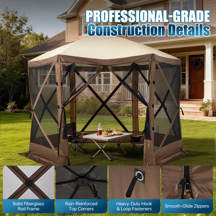 Sunmthink 10x10 FT Pop-up Gazebo Screen Tent, 6-Sided Camping Canopy Shelter with Waterproof UV-Blocking Top, Includes Carry Bag & Accessories for Outdoor Backyard & Lawn, Brown
