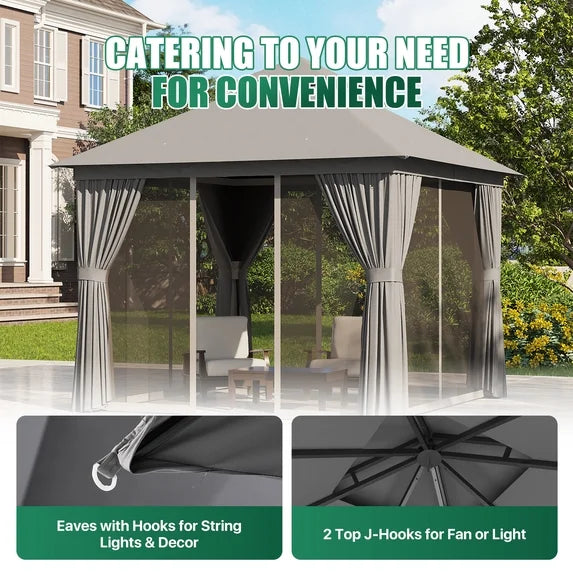 Clouddwell 10'x 10' Patio Gazebo Double Roof Protection All-Weather Outdoor Shelter Features Insect Screens & Privacy Curtains Ideal for Backyard, Lawn, (Gray)
