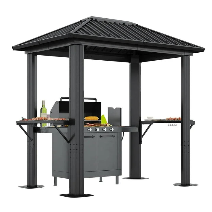 Aoxun Grill Hardtop Gazebo 5 x 8 FT, Outdoor Metal Hard Top Gazebo, Permanent BBQ Gazebo with Galvanized Steel Roof, Aluminum Pavilion with Shelves for Lawn, Garden, Patio, Backyard