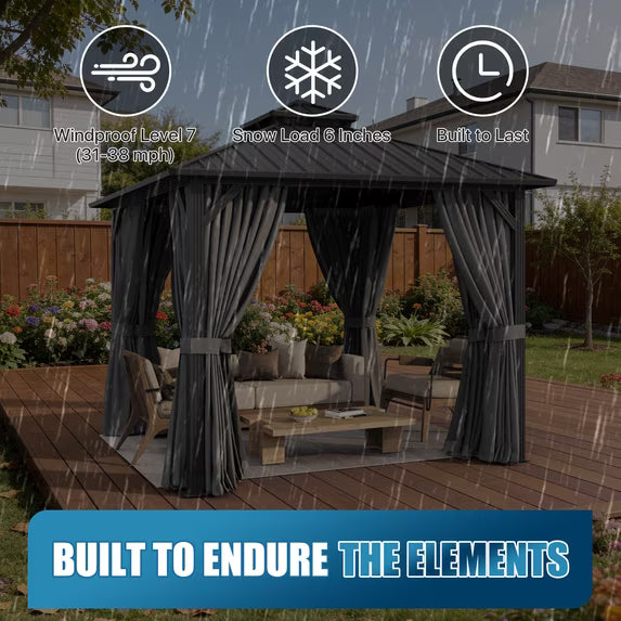 Sunmthink 10' x 10' Hardtop Gazebo with Mosquite Netting, Double Metal Roof for Lawn and Garden, Gray
