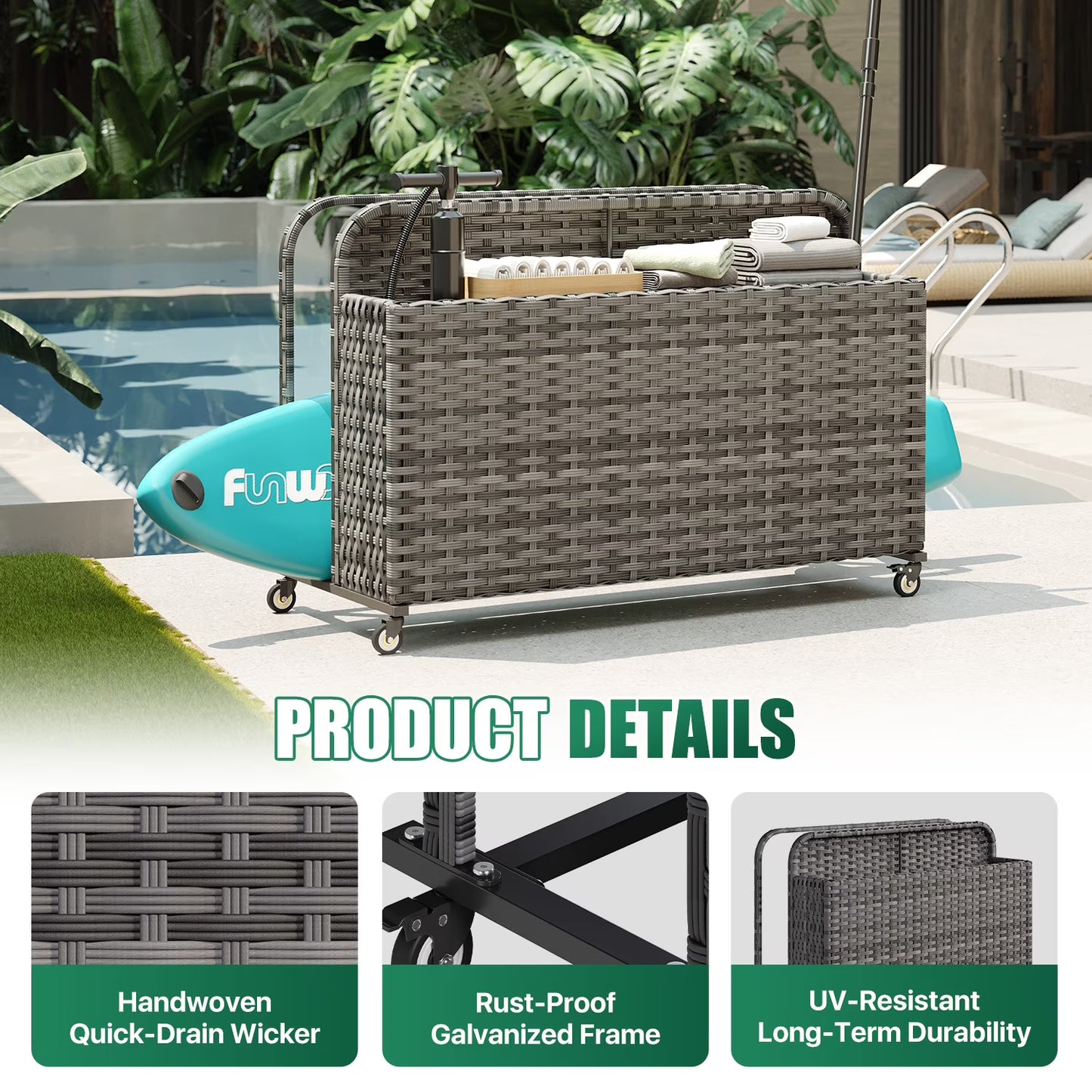 Clouddwell 2-Layer Outdoor PE Wicker Rattan Patio & Poolside Storage Basket with Rolling Wheels, Gray