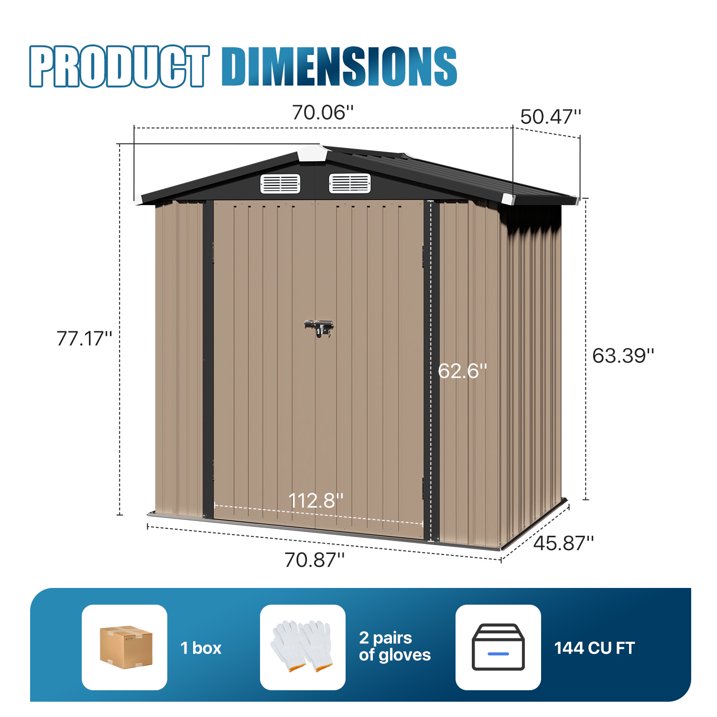 Sunmthink 6 x 4 ft Outdoor Storage Shed with Vents and Double door, Brown, with Base