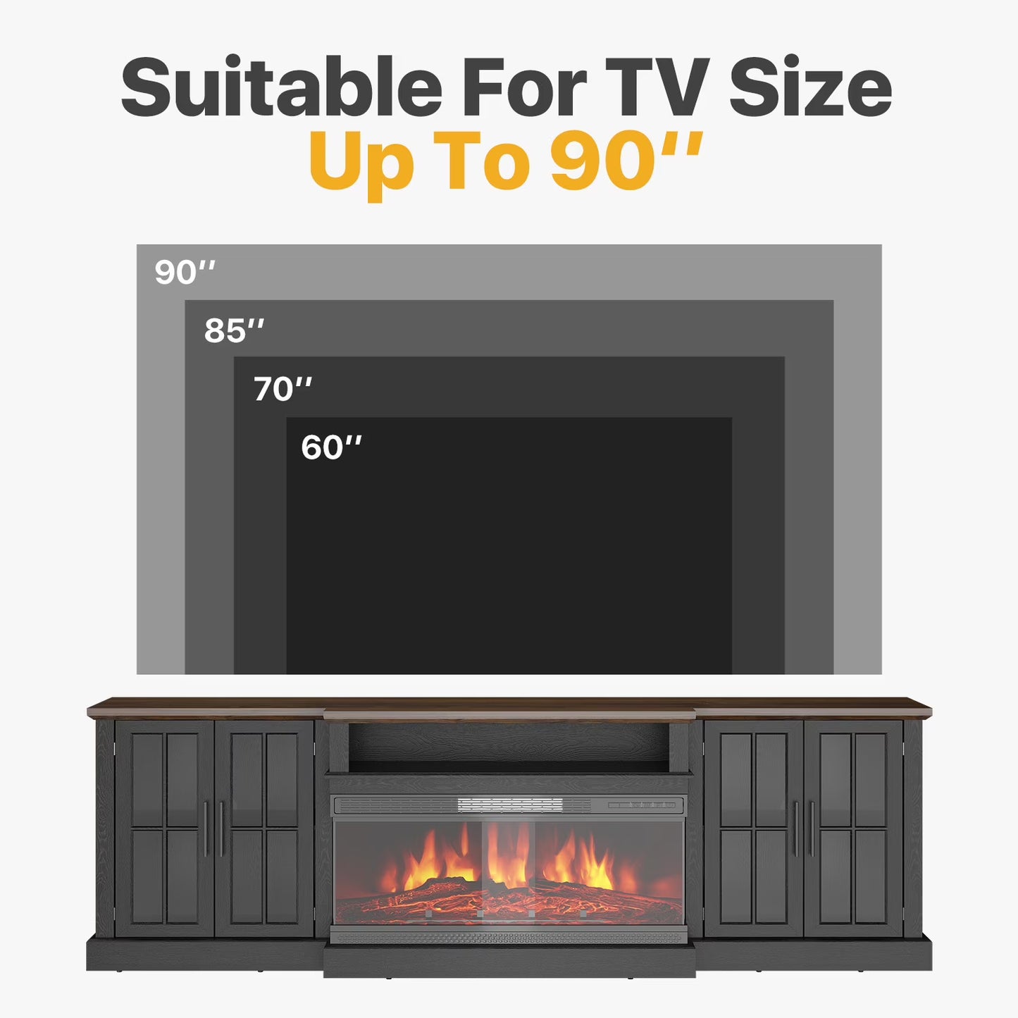 Sonegra 87" Farmhouse TV Stand with Fireplace for TVs up to 90", Media Entertainment Center with Adjustable Shelves and Large Storage Cabinets, for Living Room, Black