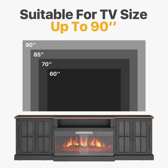 Sonegra 87" Farmhouse TV Stand with Fireplace for TVs up to 90", Media Entertainment Center with Adjustable Shelves and Large Storage Cabinets, for Living Room, Black