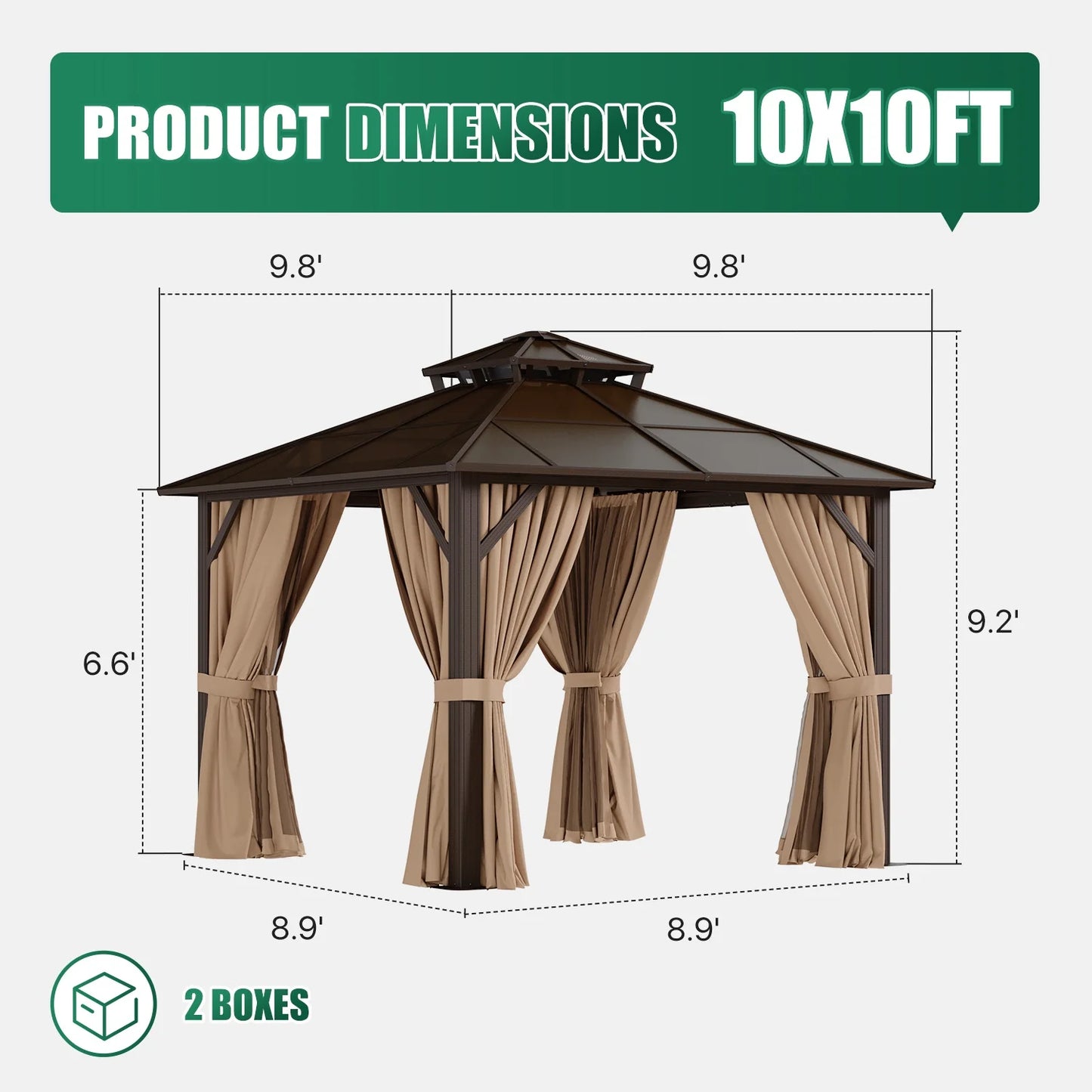 Clouddwell 10'x10' Hardtop Gazebo - Polycarbonate Double Roof with Netting & Curtains for Patio, Garden Sun Protection,Brown