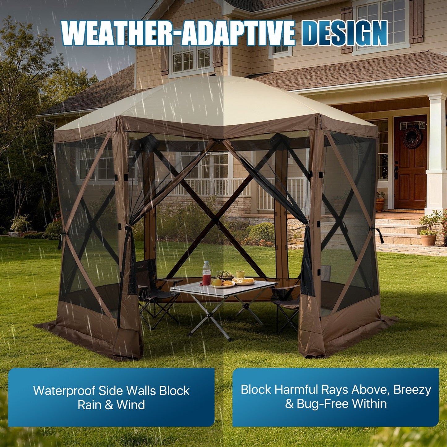 Sunmthink 10x10 FT Pop-up Gazebo Screen Tent, 6-Sided Camping Canopy Shelter with Waterproof UV-Blocking Top, Includes Carry Bag & Accessories for Outdoor Backyard & Lawn, Brown
