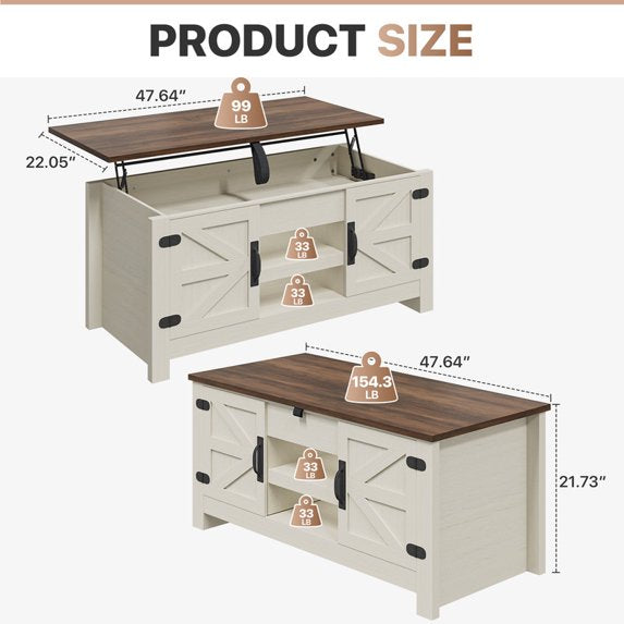 Sonergra Lift Top Coffee Table with Storage, Farmhouse Living Room Table with Charging Station & Barn Doors, White