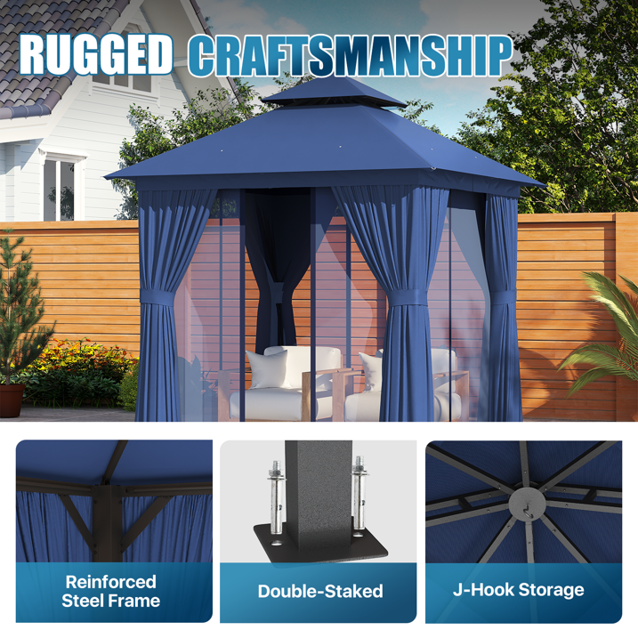 Sunmthink Outdoor Gazebo for Patio 8'x8', Metal Frame Canopy with Double Roofs, Heavy Duty Party Tent and Shelter with Mosquito Netting and Privacy Screen for Backyard,Garden,Deck (Blue)