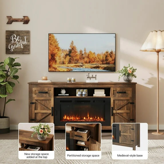Sonegra 70" Fireplace TV Stand, Entertainment Center for TVs Up to 80”, TV Console with Storage Cabinets, Media Console for Living Room, Brown TV Stand and Black Fireplace
