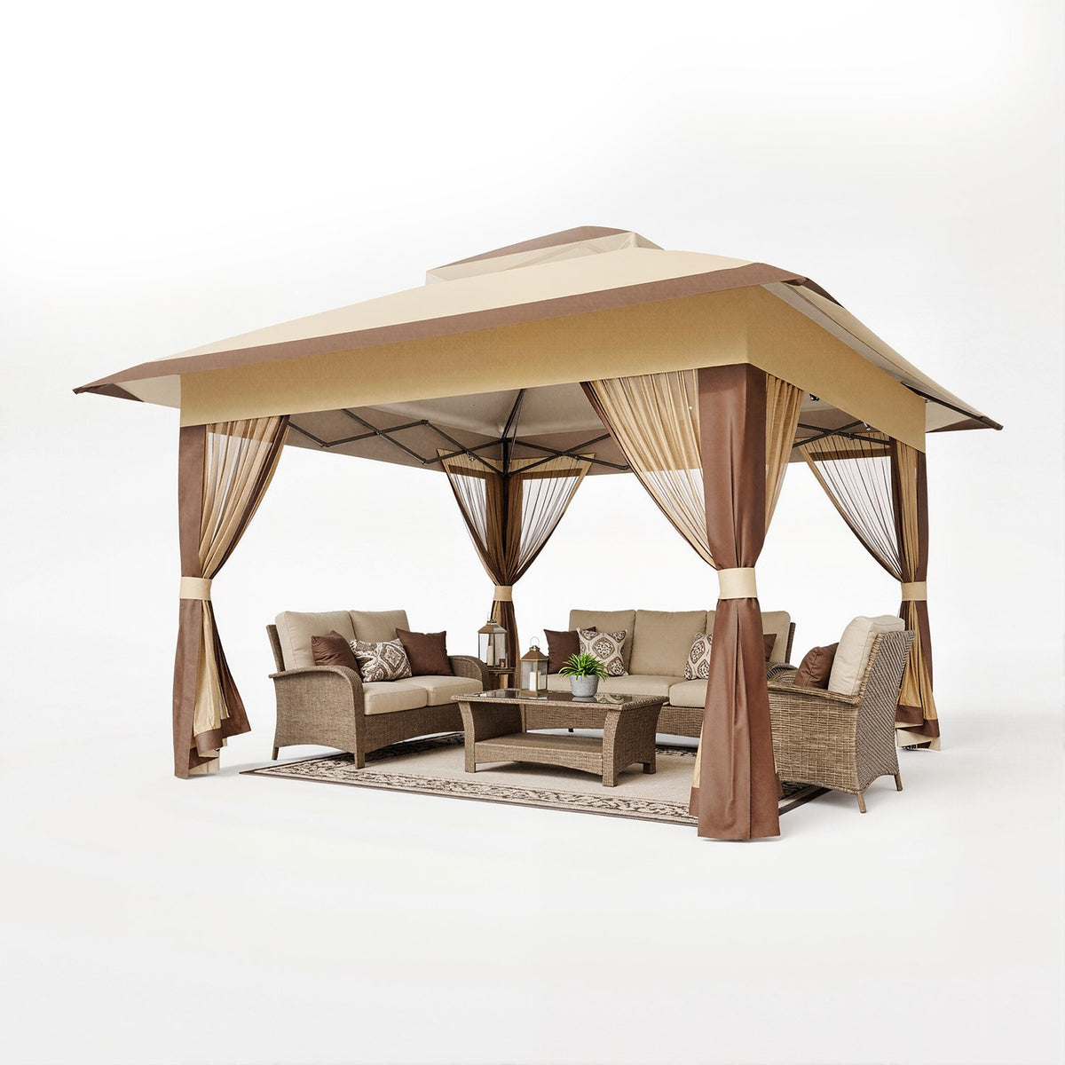 Dateyes 13x13 FT Pop Up Gazebo, Outdoor Gazebo Canopy with Mosquito Netting, 3 Adjustable Heights, Portable Patio Gazebo Tent for Backyard, Patio, Brown