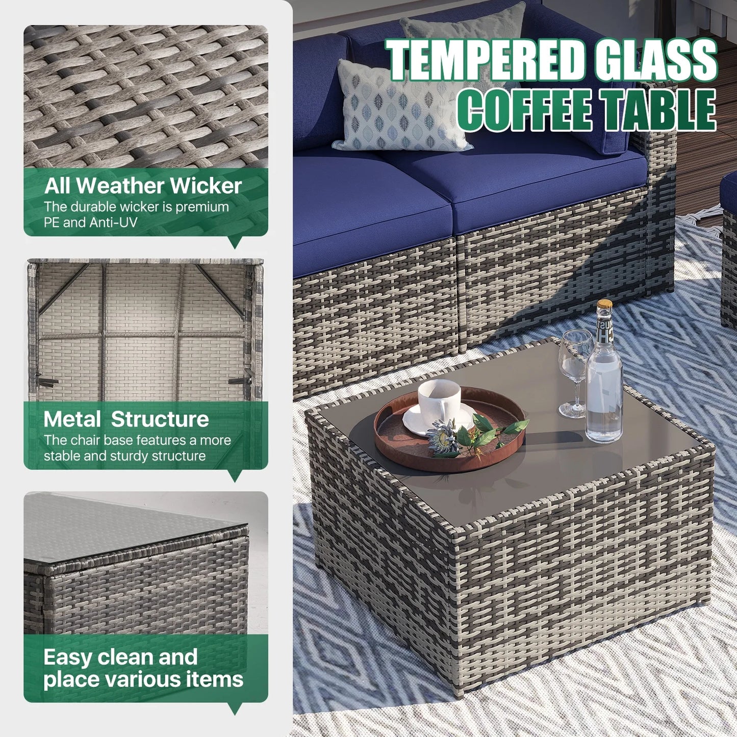 Clouddwell 8 Piece Patio Furniture Set with 44” Fire Pit Table Wicker Rattan Patio Conversation Set Outdoor Sectional Sofa Set with Coffee Table and Blue Cushions(Waterproof Cover Included)