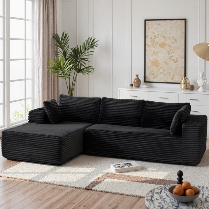 Sunmthink Cloud Couch Corduroy Modular Sectional Sofa L-Shape Boneless Couch with Wide Armrests and Cup Holders for Living Room Bedroom, No Assembly Required (Black)