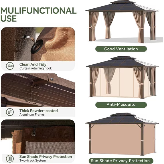 Aoxun 10' x 12' Hardtop Gazebo, Double Polycarbonate Roof Aluminum Frame Gazebo W/Curtain and Netting, and LED Outdoor Waterproof Hanging Lights,Brown